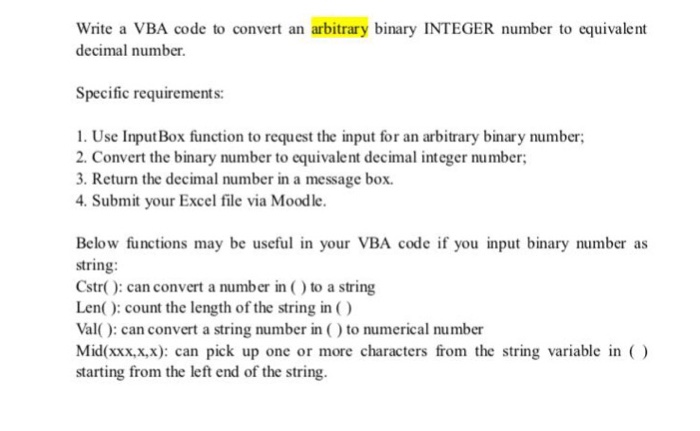  Write a VBA code to convert an arbitrary binary INTEGER number