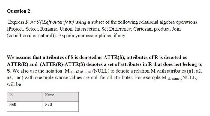 Database Systems Express RS ((Left outer join) using a subset of the