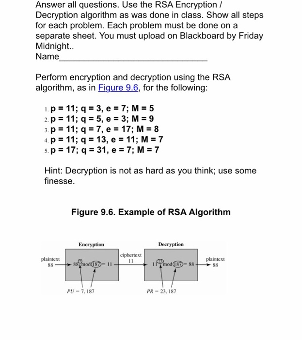  Perform encryption and decryption using the RSA algorithm, as in Figure