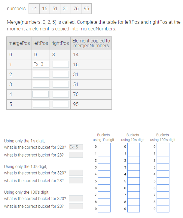  numbers: Merge(numbers,0,2,5) is called. Complete the table for leftPos and rightPos