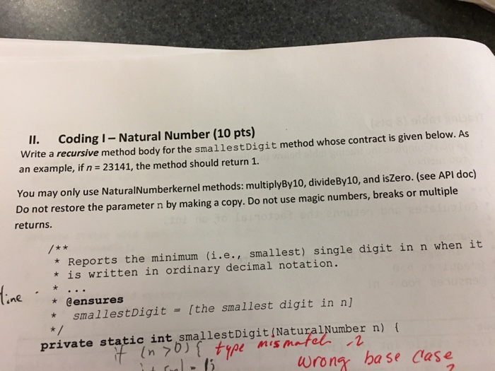  java coding Write a recursive method body for the smallestDigit method