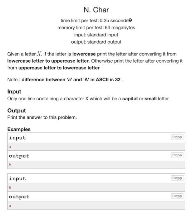 plz i need the solution in C++ code N. Char time limit