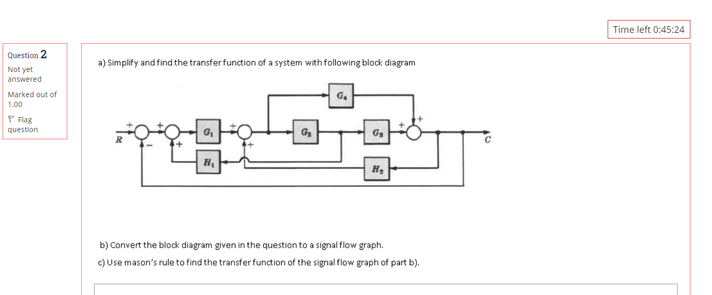  Time left 0:45:24 Question 2 a) Simplify and find the transfer