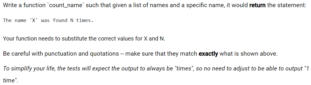 In Python plz!! Write a function 'count_name' such that given a list