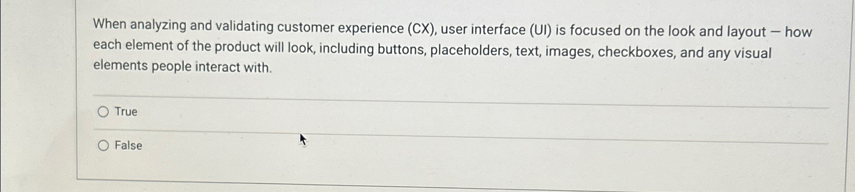  When analyzing and validating customer experience (CX), user interface (UI) is