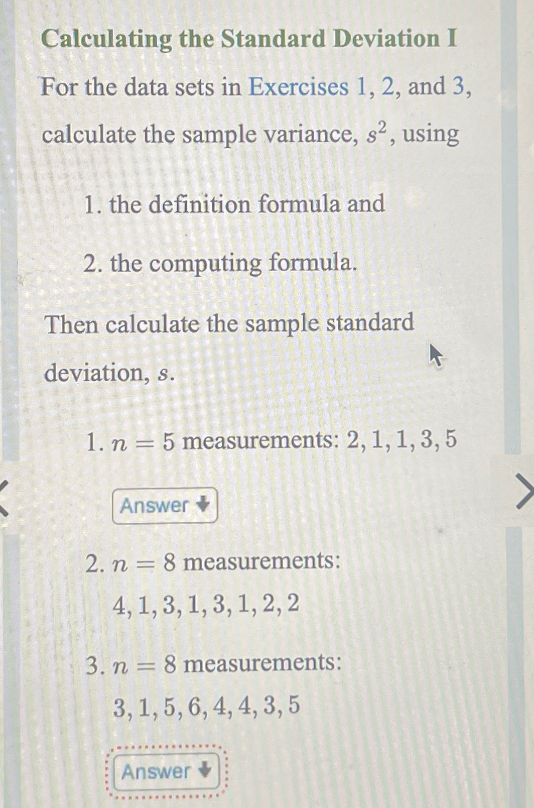 Calculating the Standard Deviation I\ For the data sets in Exercises