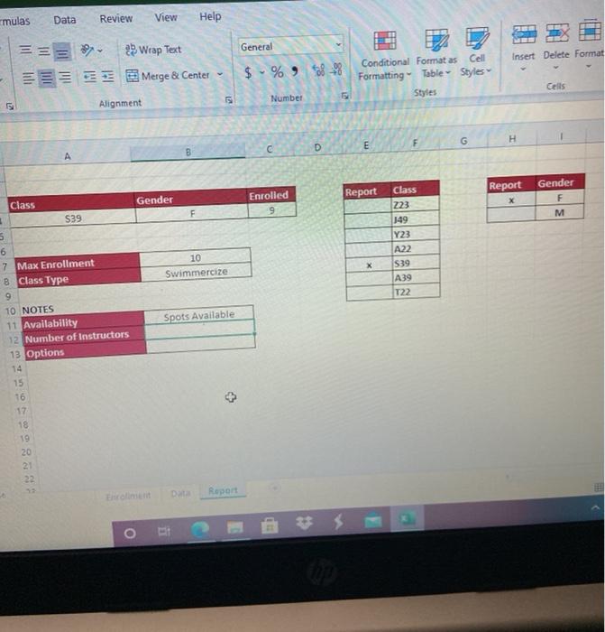 Data worksheet in range B12:H14. The instructors for the class in cell