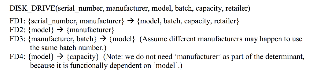 (Database Design Normalization: functional dependency: 3NF vs. BCNF) Normalize the relation DISK_DRIVE