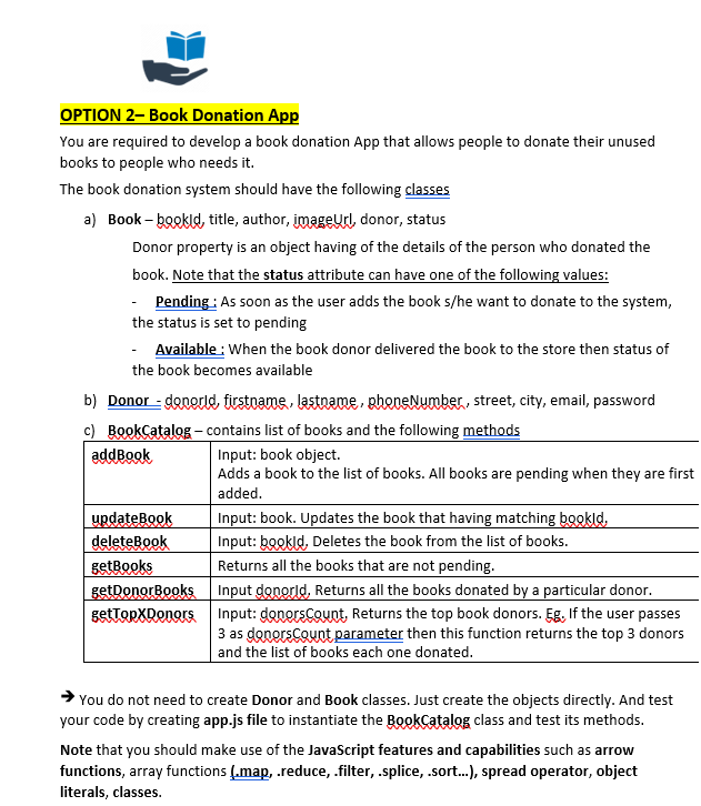 javaScript please upload full code OPTION 2- Book Donation App You are