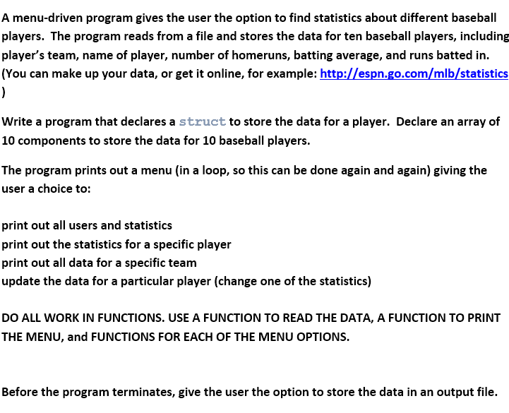 Write a c++ program, that has a menu driven program, it will