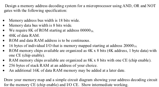  Design a memory address decoding system for a microprocessor using AND,