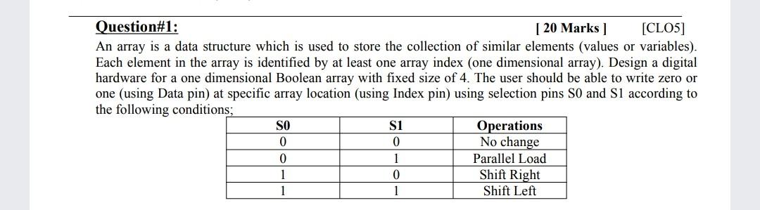  Question#1: [ 20 Marks ] [CLO5] An array is a data
