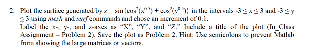 IN MATLAB Plot the surface generated by z = sin{cos^2(x^0.5) + cos^2(y^0.5)}