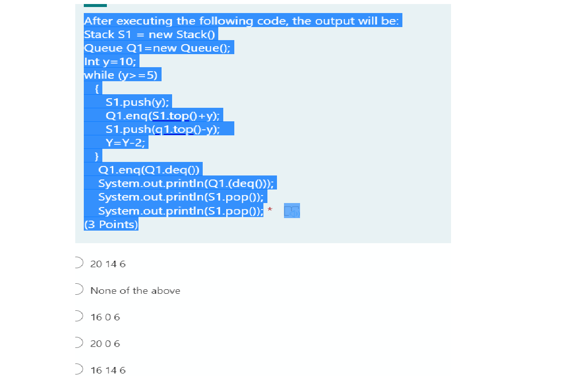  After executing the following code, the output will be: Stack S1