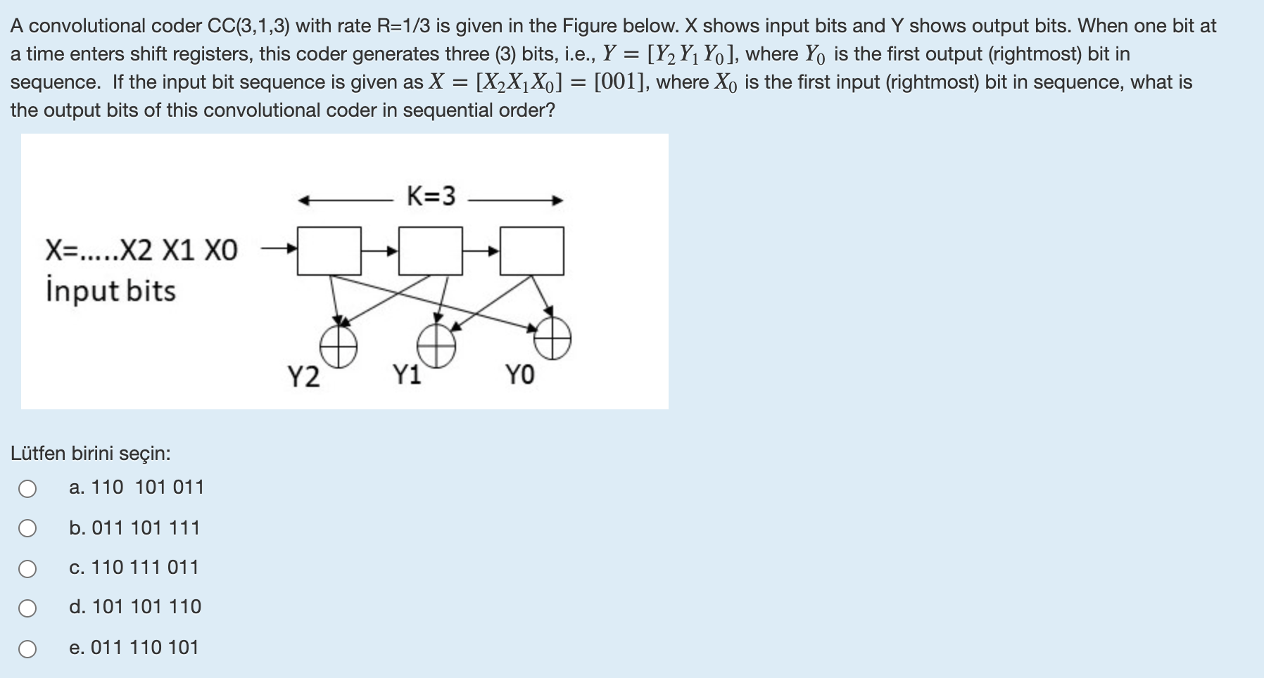  A convolutional coder CC(3,1,3) with rate R=1/3 is given in the