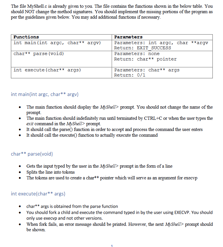 Sample output MyShell file /** DONOT change the existing function definitions.