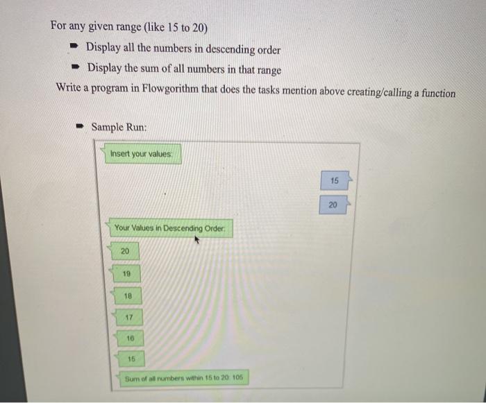 please do in flowgorithm For any given range (like 15 to 20)