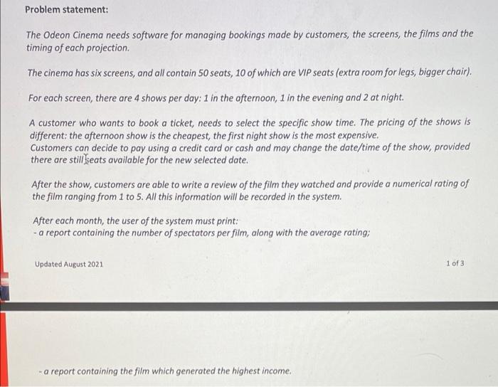 Actual detailed diagram and not the code Problem statement: The Odeon Cinema
