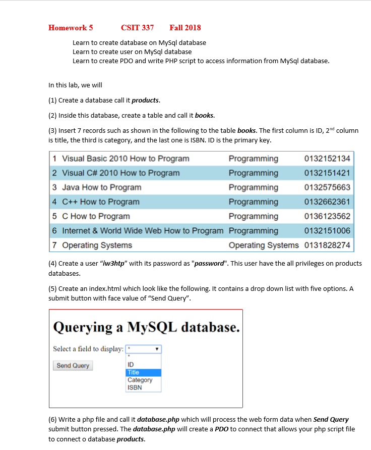  MySQL AND PHP PROGRAMMING: PLEASE ANSWER ALL PARTS OF THE QUESTION