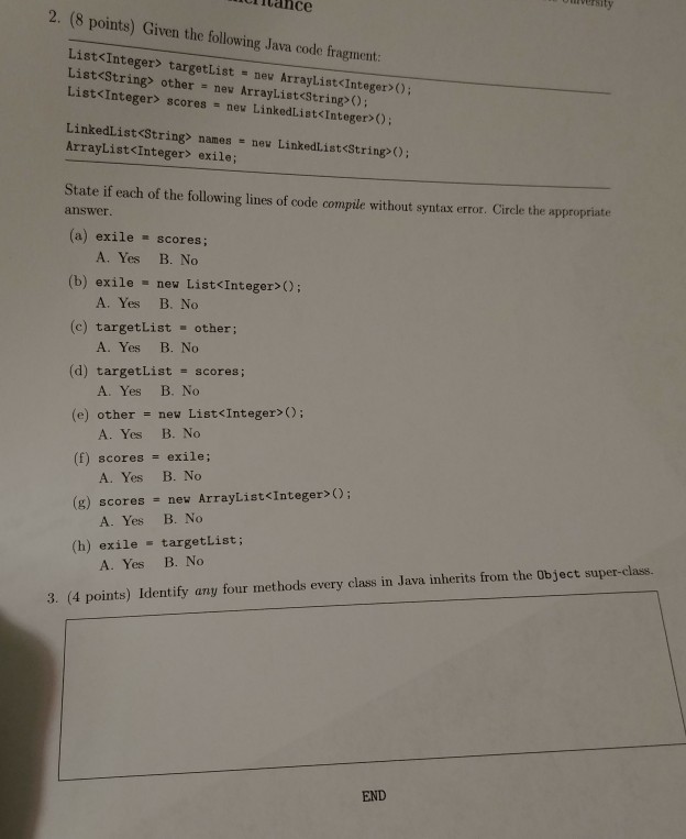  itance 8 points) Given the following Java code fragment: List targetList