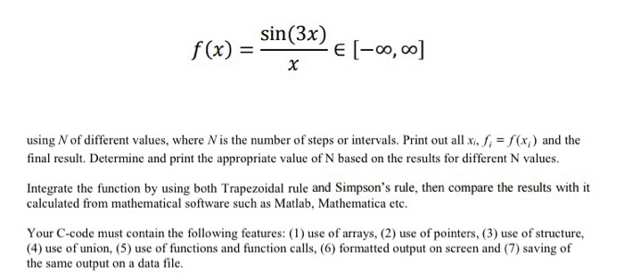  C programming code blocks f(x) = sin(3x)/x elementof [-infinity, infinity] using