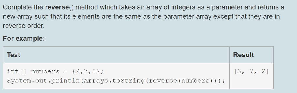 In Java Complete the reverse() method which takes an array of integers
