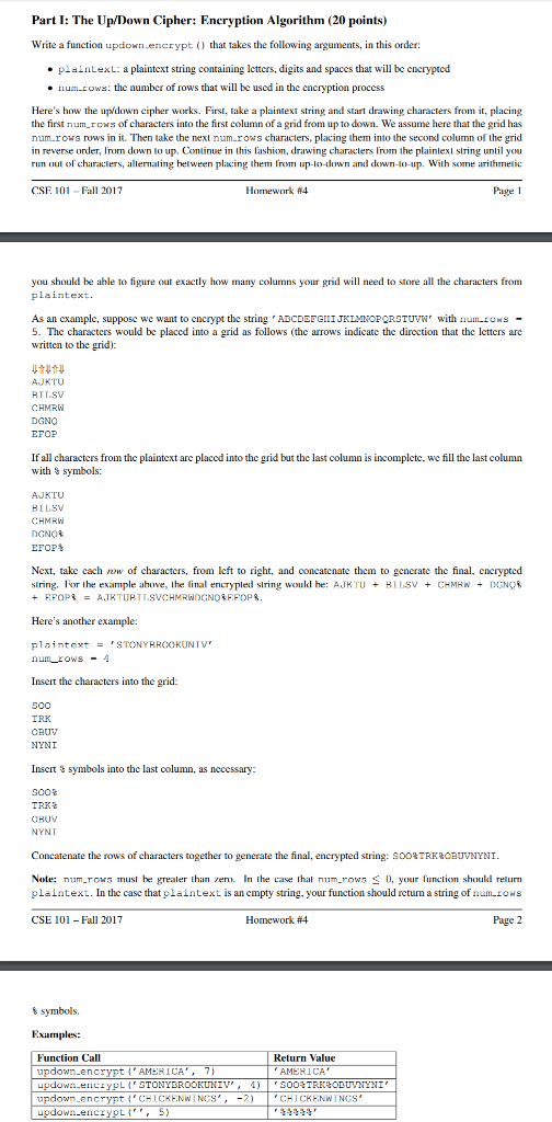 Write a function updown encrypt() that takes the following arguments, in this