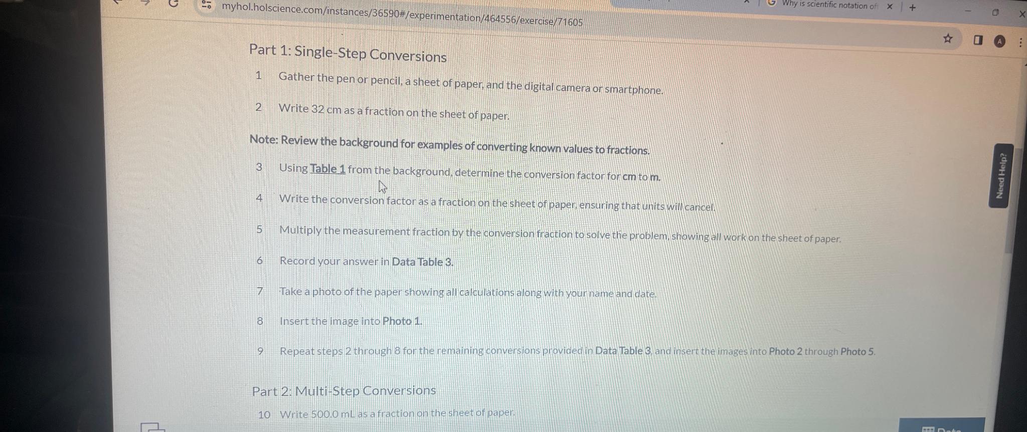  myhol.holscience.com/instances/36590#/experimentation/464556/exercise/71605 Part 1: Single-Step Conversions 1 Gather the pen or pencil,