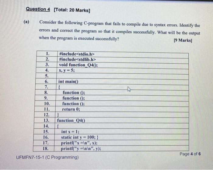  Question 4 [Total: 20 Marks] Consider the following C-program that fails