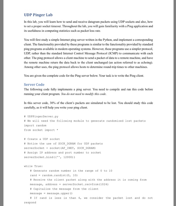  Need help filling in the code for this assignment. UDP Pinger