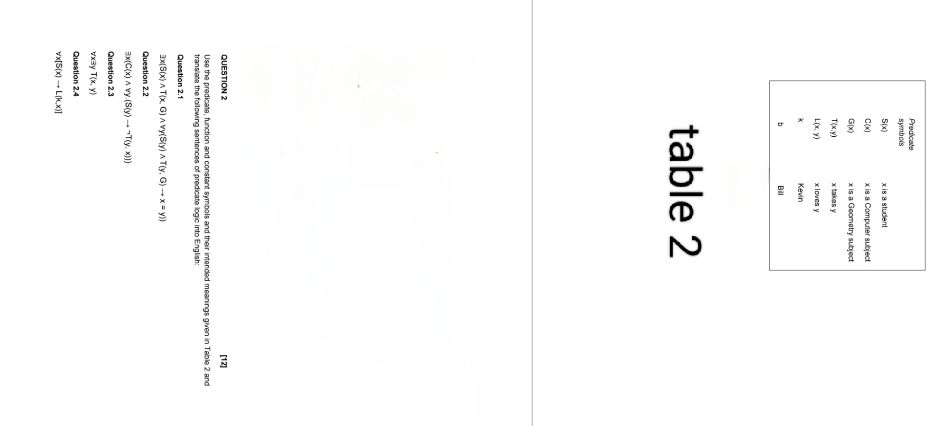  Billtable 2 QUESTION 2 [12] Use the predicate, function and constant