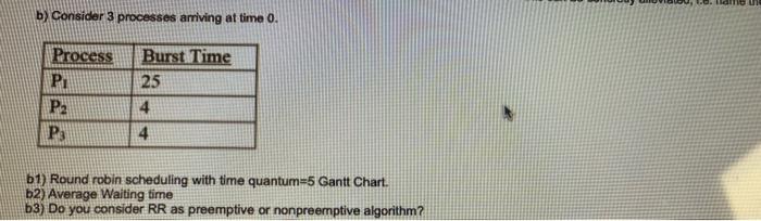 answer the following about CPU schedualing algorithims b) Consider 3 processes arriving