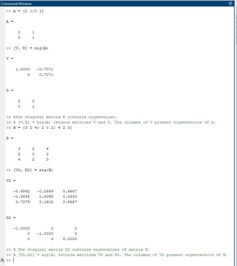 How can I graph the both eigenvectors in Matlab. Command Window