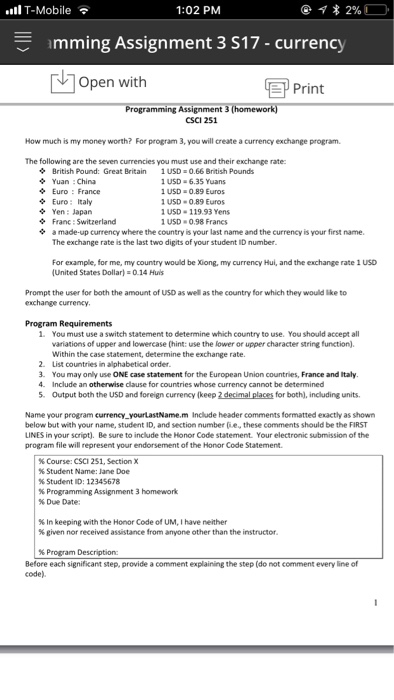  all T-Mobile 1:02 PM mming Assignment 3 S17-currency ] Open with