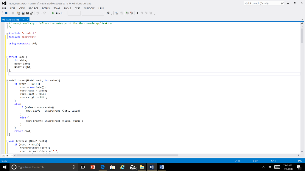 The following code establishes a binary search tree and inserts the given