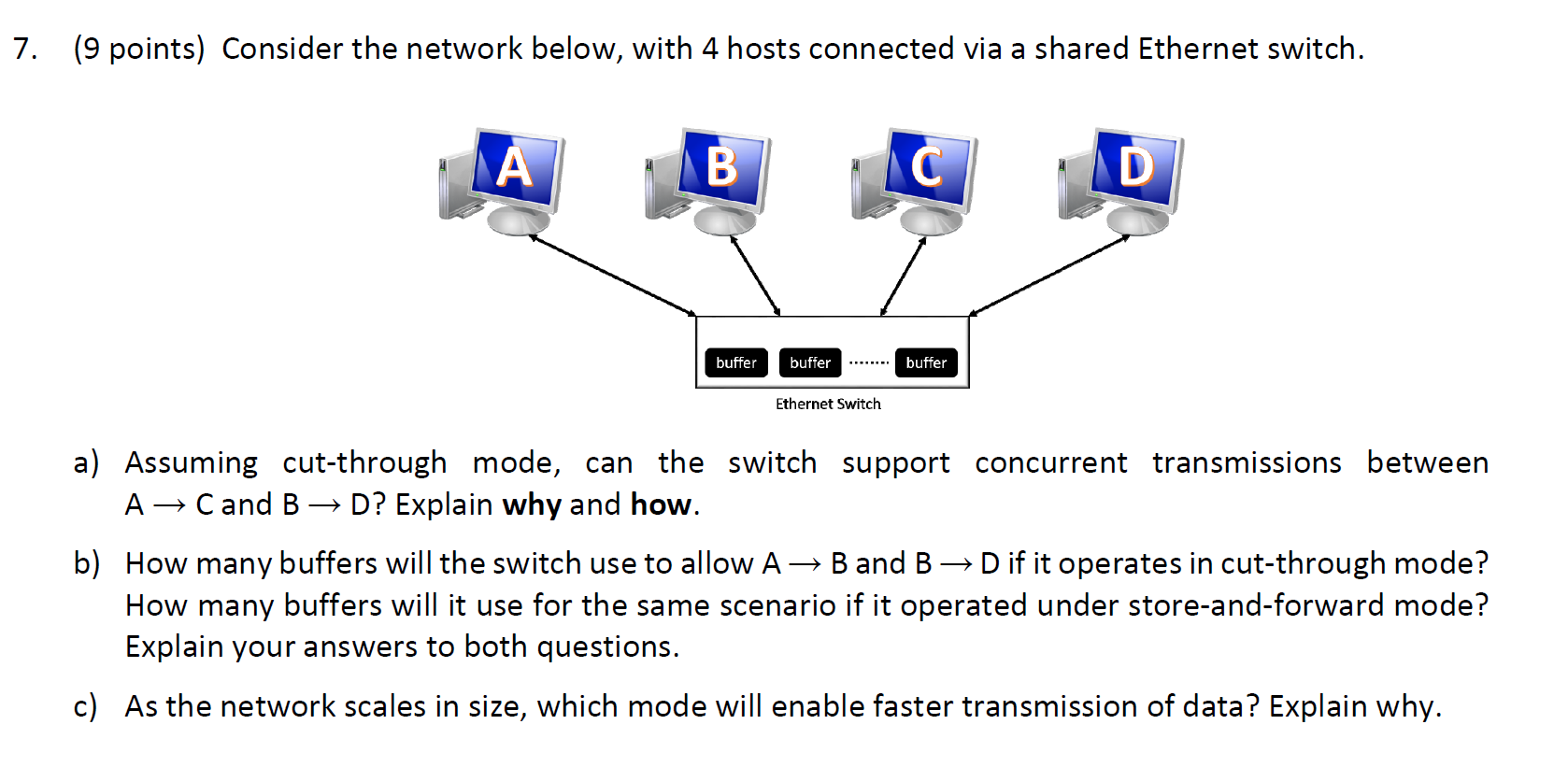  7. (9 points) Consider the network below, with 4 hosts connected