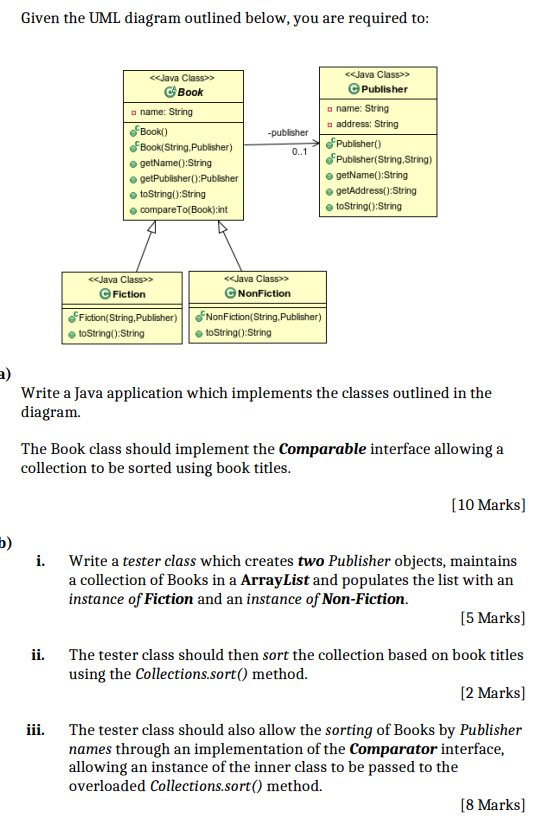 Write a Java application which implements the classes outlined in the diagram.