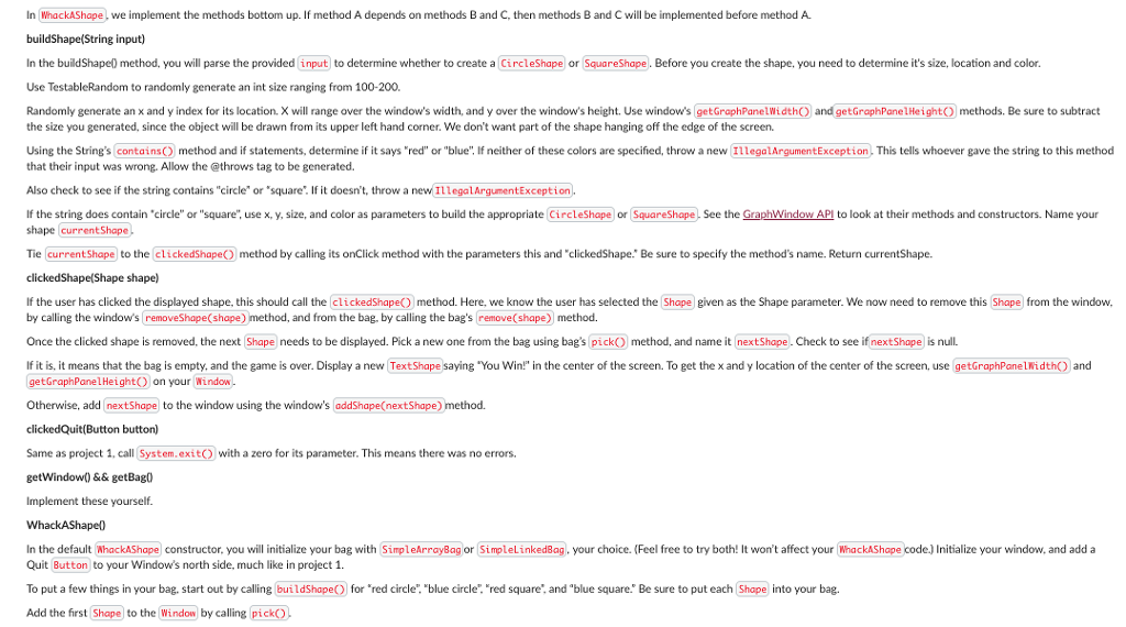  Need java code for these steps In WhackAShape we implement the