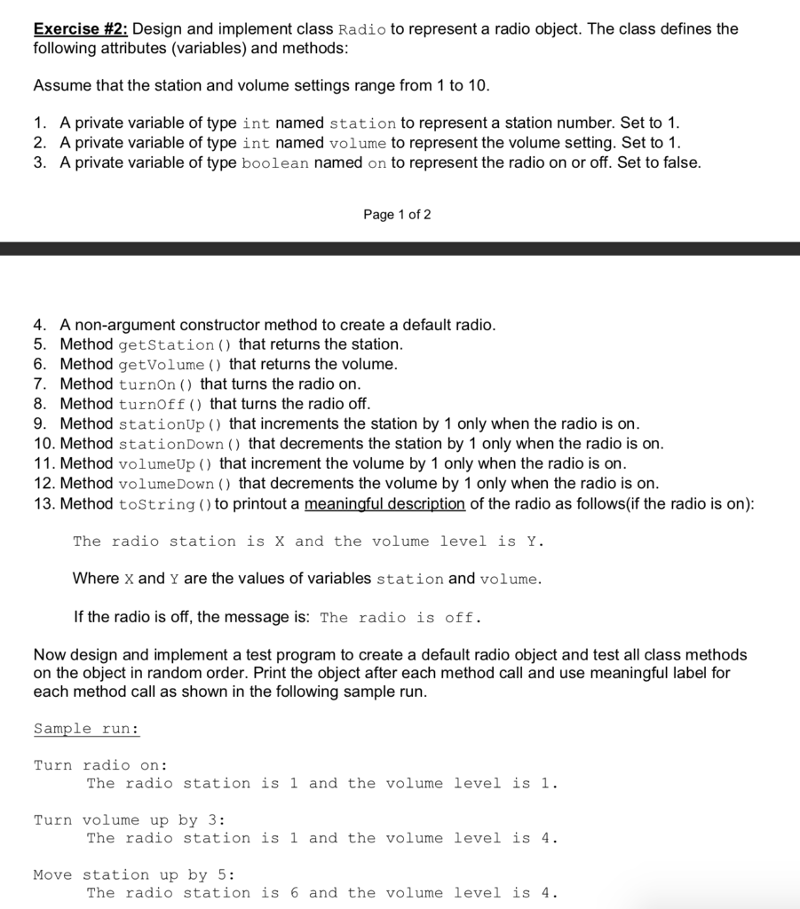  Exercise #2: Design and implement class Radio to represent a radio