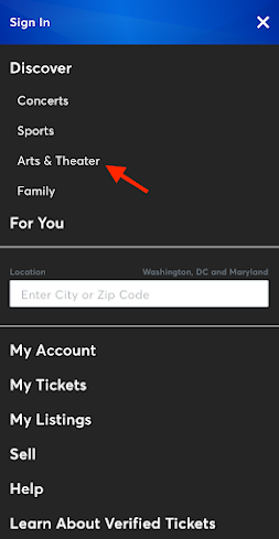 for Arts & Theater when viewing the site as a desktop/laptop device.
