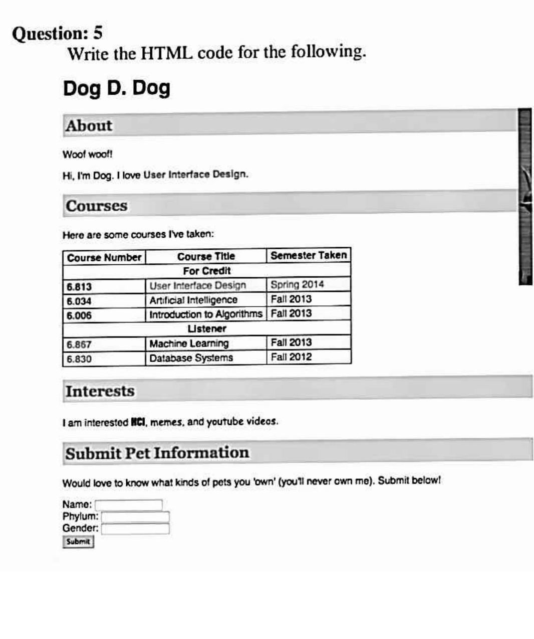  Question: 5 Write the HTML code for the following. Dog D.