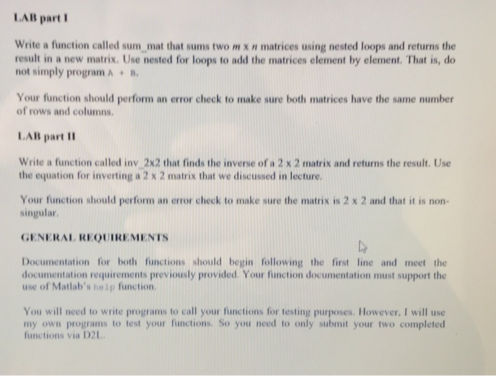  Using matlab LAB part I Write a function called sum mat