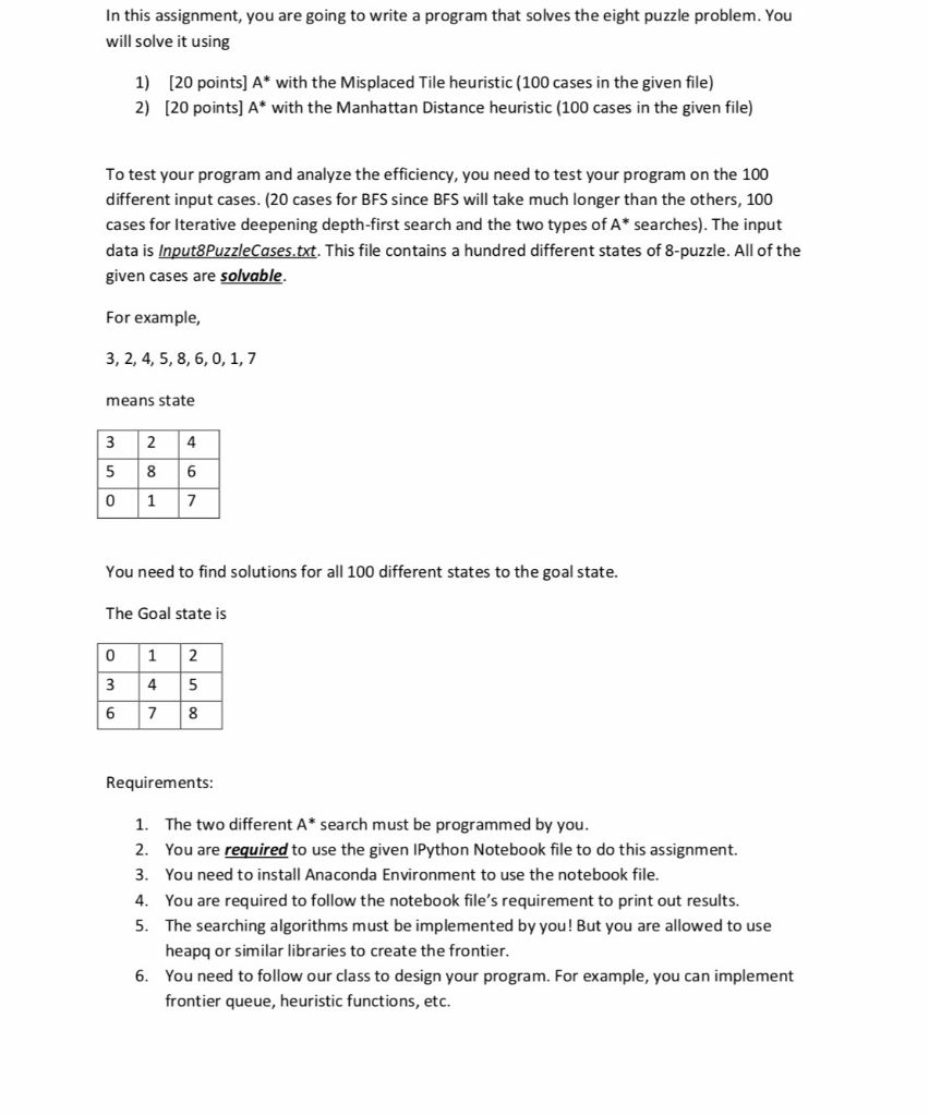 solves the eight puzzle problem. You will solve it using 1) [20
