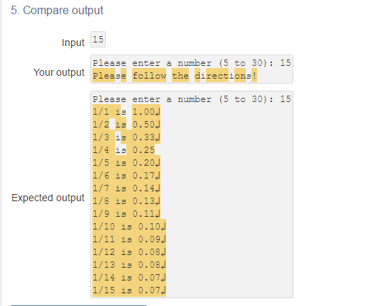 each number between 1 and the number entered, display the value 1/that