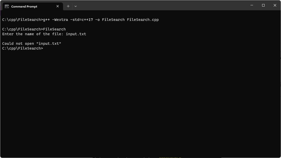 FileSearch.cpp, that prompts the user for a file name and a term