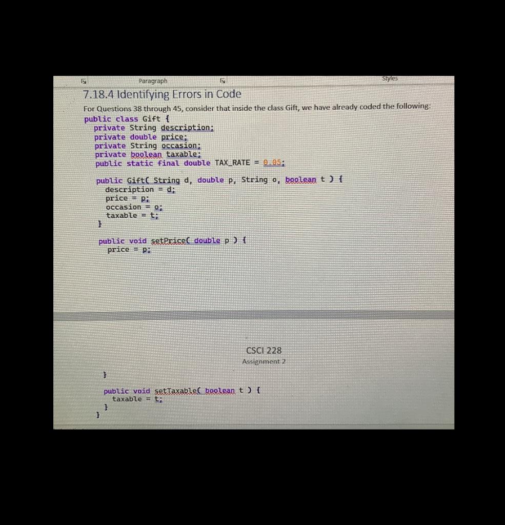  7.18.4 Identifying Errors in Code For Questions 38 through 45 ,