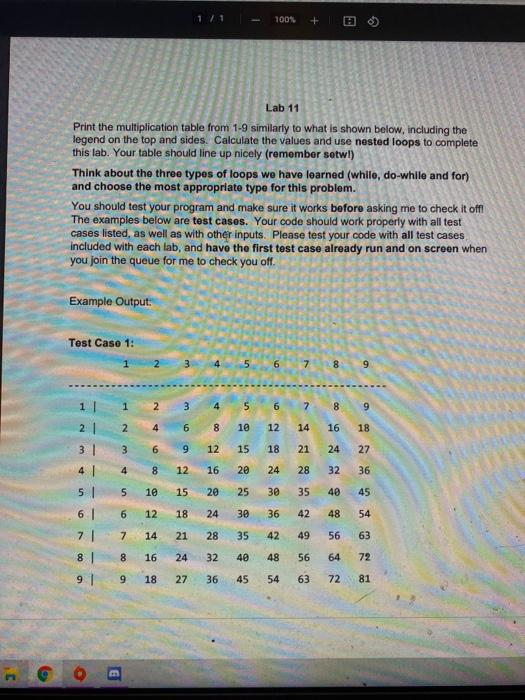 C++ please 1 / 1 100% + Lab 11 Print the multiplication