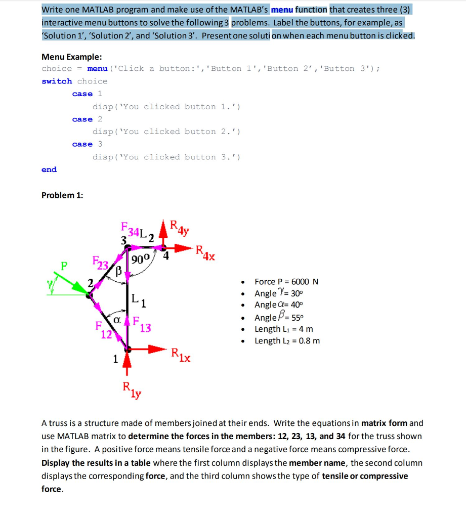 Write one MATLAB program and make use of the MATLAB's menu