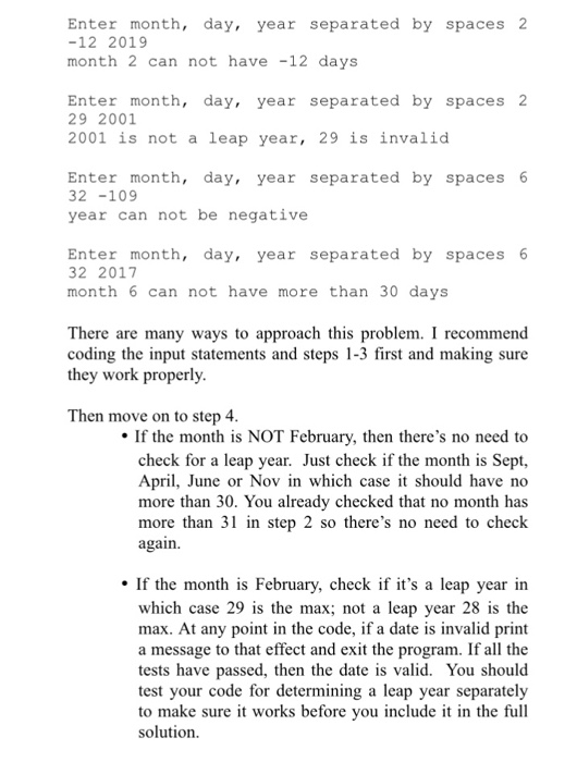 space separating them a) an integer representing a month b) an integer