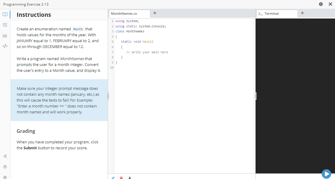 Programming Exercise 2-13 X IT Month Names.cs + Instructions + >_